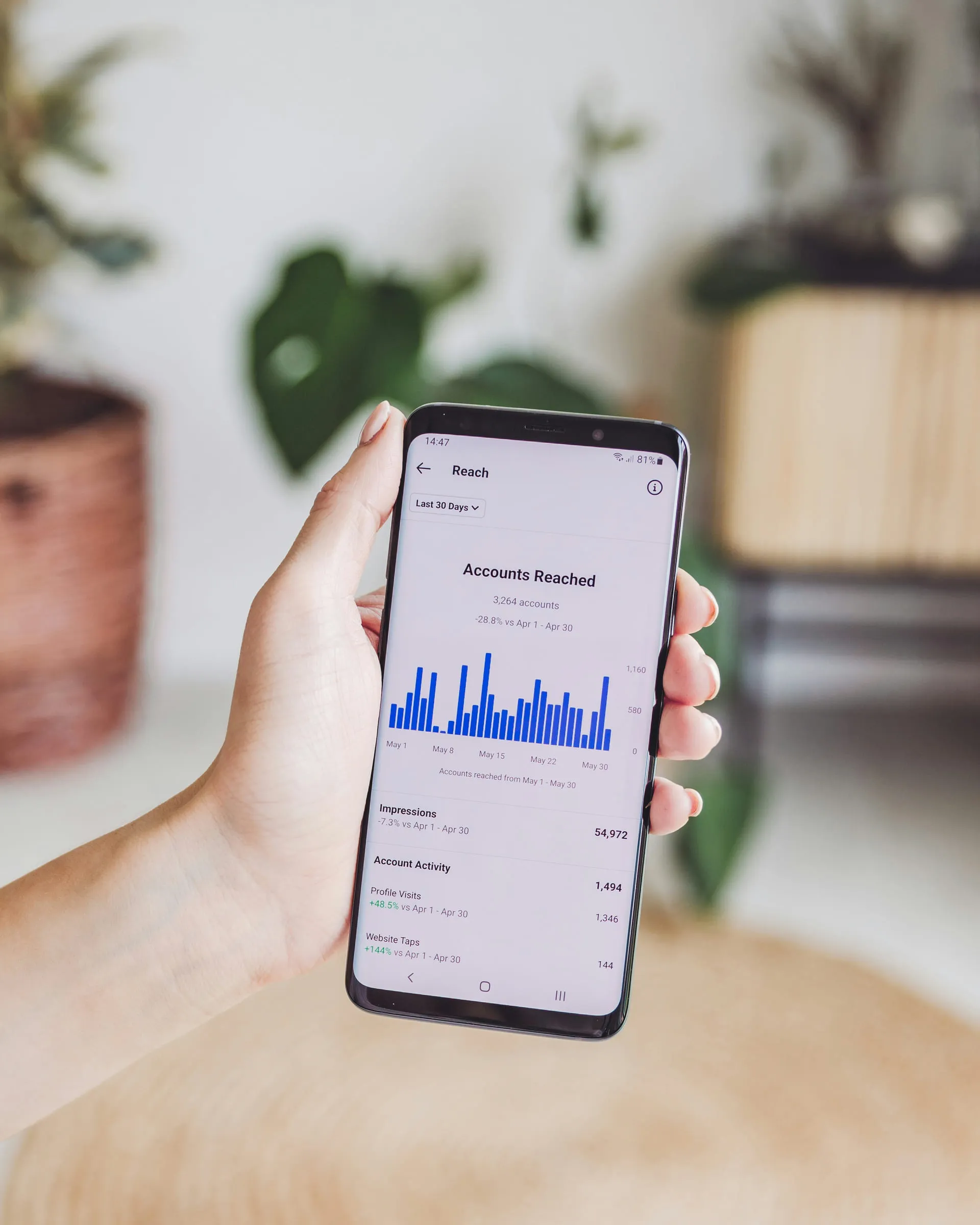 Hand hält ein Smartphone mit einer Auswertung zur erreichten Reichweite.